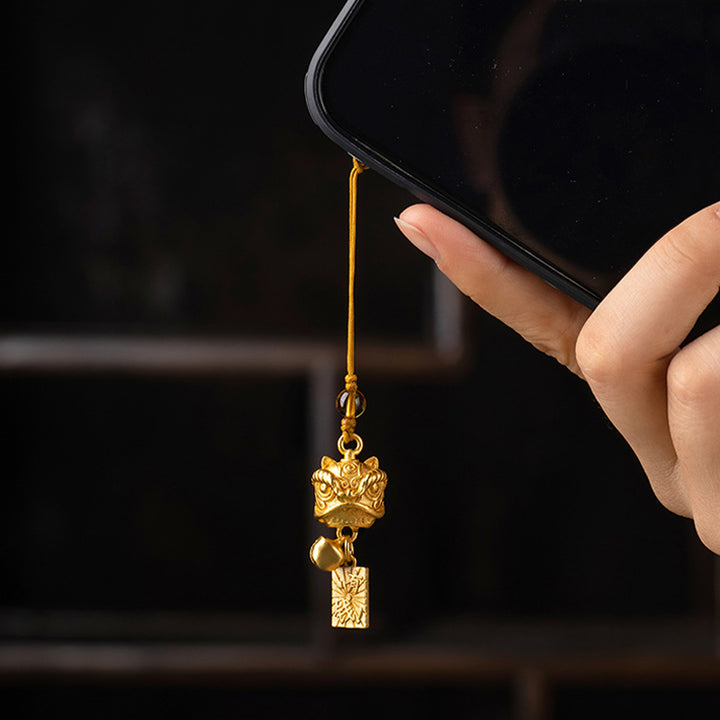 Buddha Stones Lion dansant Auspicieux Ruyi Paix Sûre Riche Cuivre Richesse Téléphone Décoration Suspendue