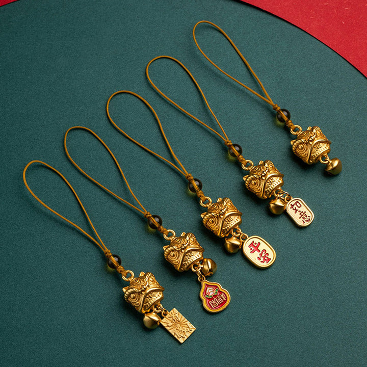 Buddha Stones Lion dansant Auspicieux Ruyi Paix Sûre Riche Cuivre Richesse Téléphone Décoration Suspendue