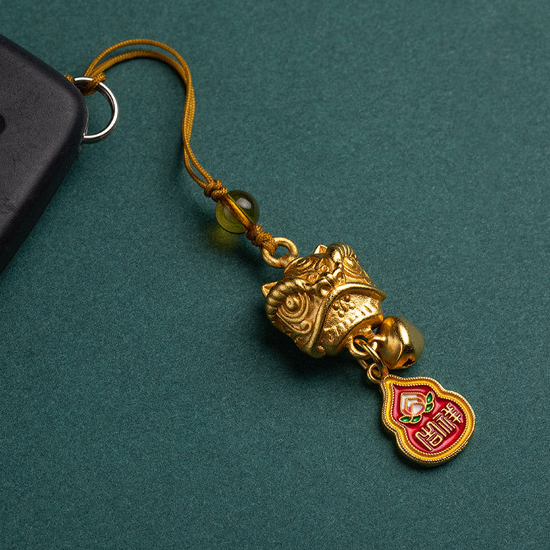 Buddha Stones Lion dansant Auspicieux Ruyi Paix Sûre Riche Cuivre Richesse Téléphone Décoration Suspendue