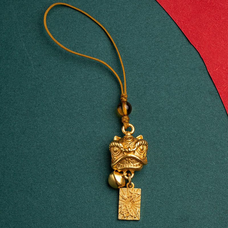 Buddha Stones Lion dansant Auspicieux Ruyi Paix Sûre Riche Cuivre Richesse Téléphone Décoration Suspendue