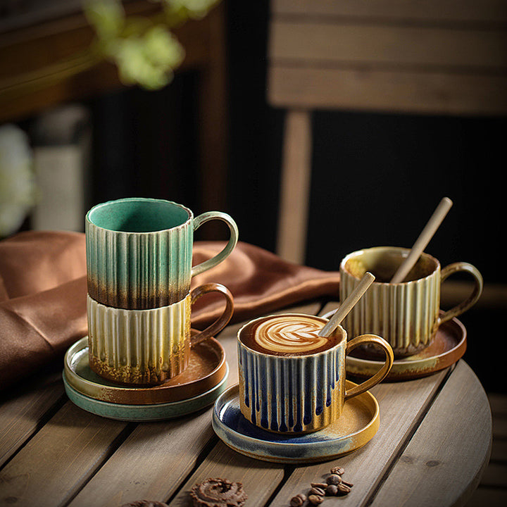 Tasse à café en céramique à rayures rétro Buddha Stones , tasse à thé et à café en poterie brute avec soucoupe 250 ml