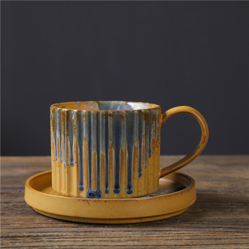 Tasse à café en céramique à rayures rétro Buddha Stones , tasse à thé et à café en poterie brute avec soucoupe 250 ml