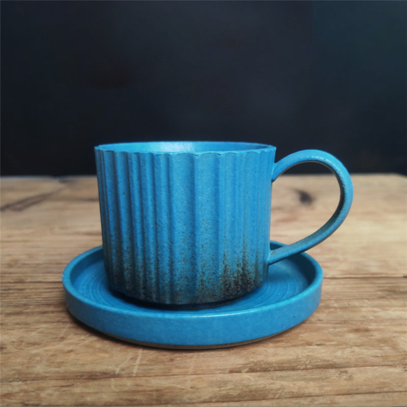 Tasse à café en céramique à rayures rétro Buddha Stones , tasse à thé et à café en poterie brute avec soucoupe 250 ml