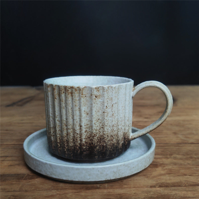 Tasse à café en céramique à rayures rétro Buddha Stones , tasse à thé et à café en poterie brute avec soucoupe 250 ml