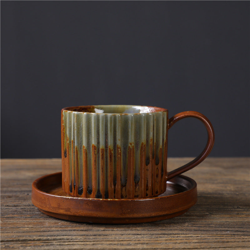 Tasse à café en céramique à rayures rétro Buddha Stones , tasse à thé et à café en poterie brute avec soucoupe 250 ml
