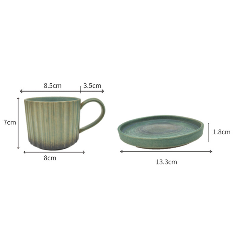 Tasse à café en céramique à rayures rétro Buddha Stones , tasse à thé et à café en poterie brute avec soucoupe 250 ml