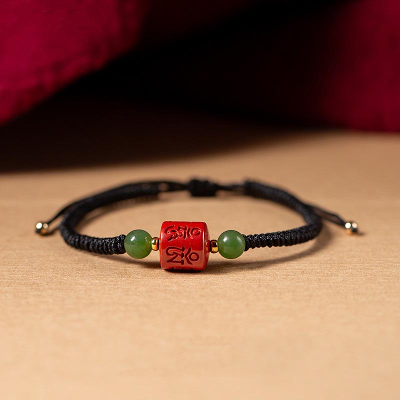 Bracelet en corde tressée avec bénédiction gravée Om Mani Padme Hum et Buddha Stones Tibetam Cinnabar