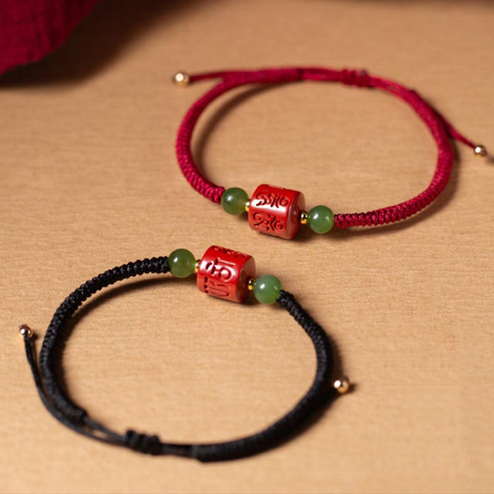 Bracelet en corde tressée avec bénédiction gravée Om Mani Padme Hum et Buddha Stones Tibetam Cinnabar