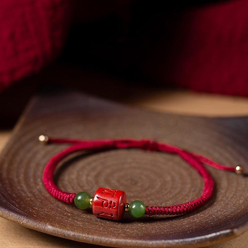 Bracelet en corde tressée avec bénédiction gravée Om Mani Padme Hum et Buddha Stones Tibetam Cinnabar
