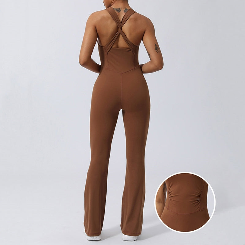 Combinaison évasée sans manches croisée pour femme Buddha Stones pour le sport, le fitness, le yoga - Brun - US8-10，UK/AU12-14，EU40-42 (XL) - image 0