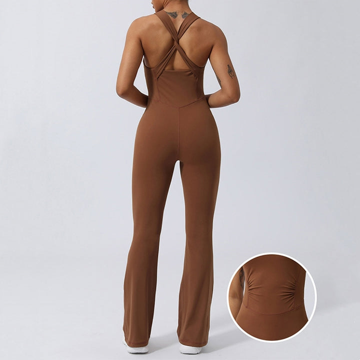 Combinaison évasée sans manches croisée pour femme Buddha Stones pour le sport, le fitness, le yoga - Brun - US8-10，UK/AU12-14，EU40-42 (XL) - image 0
