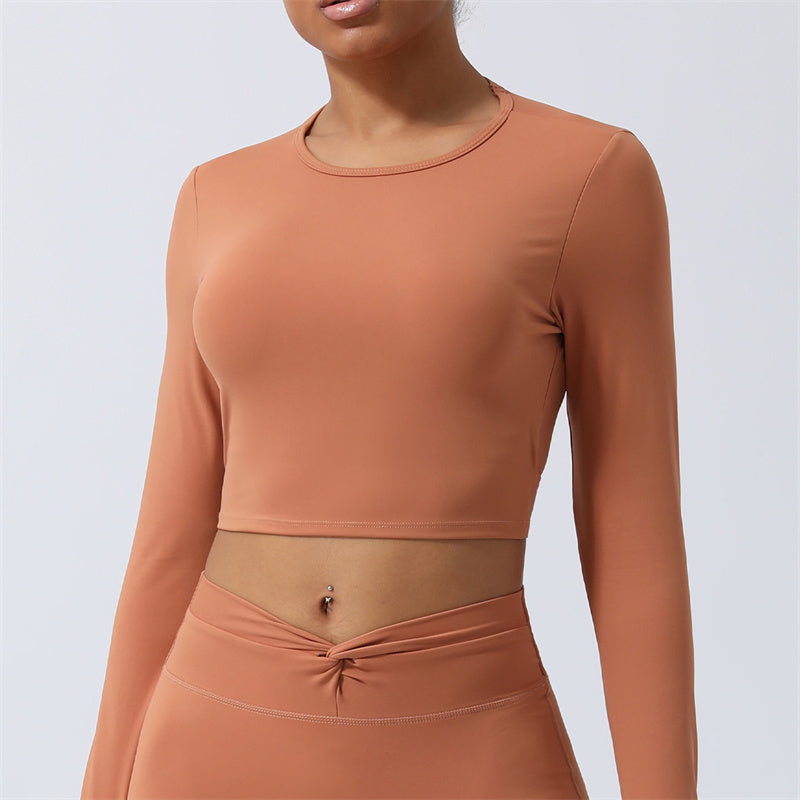 Buddha Stones Femmes Entraînement À Manches Longues Croisé Dos Nu Haut T-shirt Leggings Sports Fitness Yoga Tenue - Haut - Brun orangé - US8-10，UK/AU12-14，EU40-42 (XL) - image 13