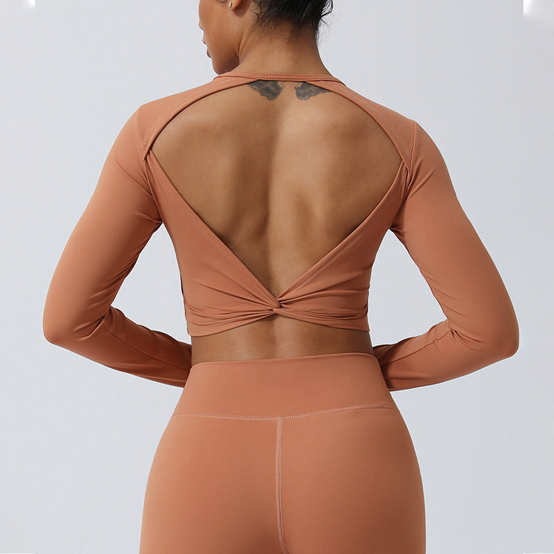 Buddha Stones Femmes Entraînement À Manches Longues Croisé Dos Nu Haut T-shirt Leggings Sports Fitness Yoga Tenue - image 15