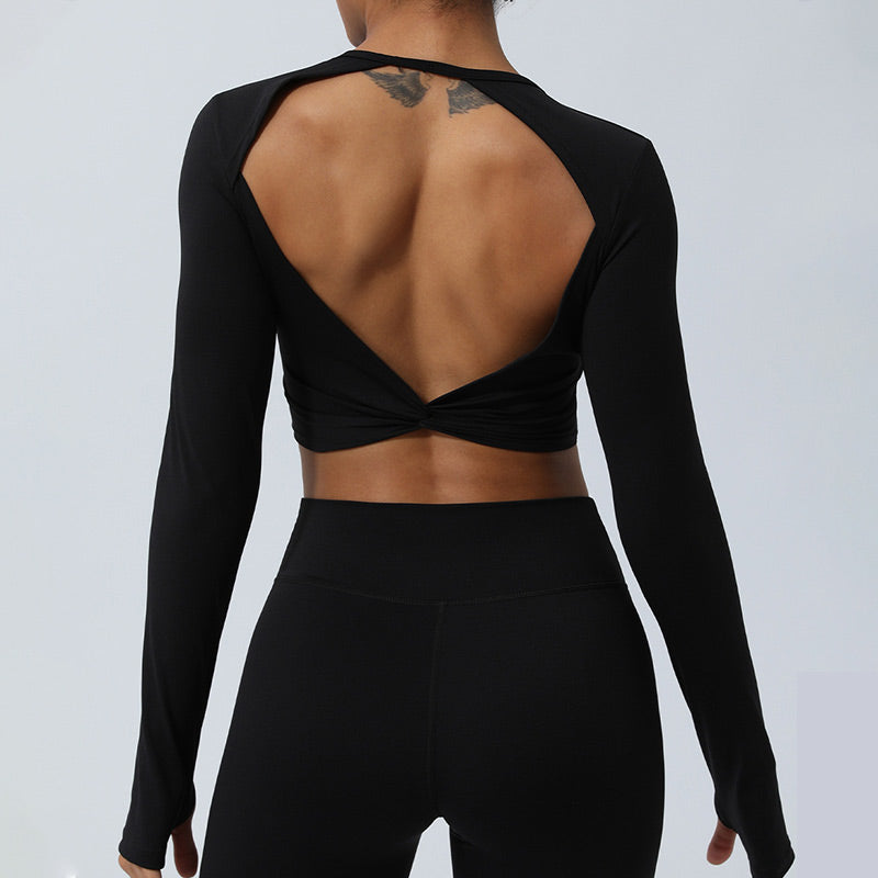 Buddha Stones Femmes Entraînement À Manches Longues Croisé Dos Nu Haut T-shirt Leggings Sports Fitness Yoga Tenue