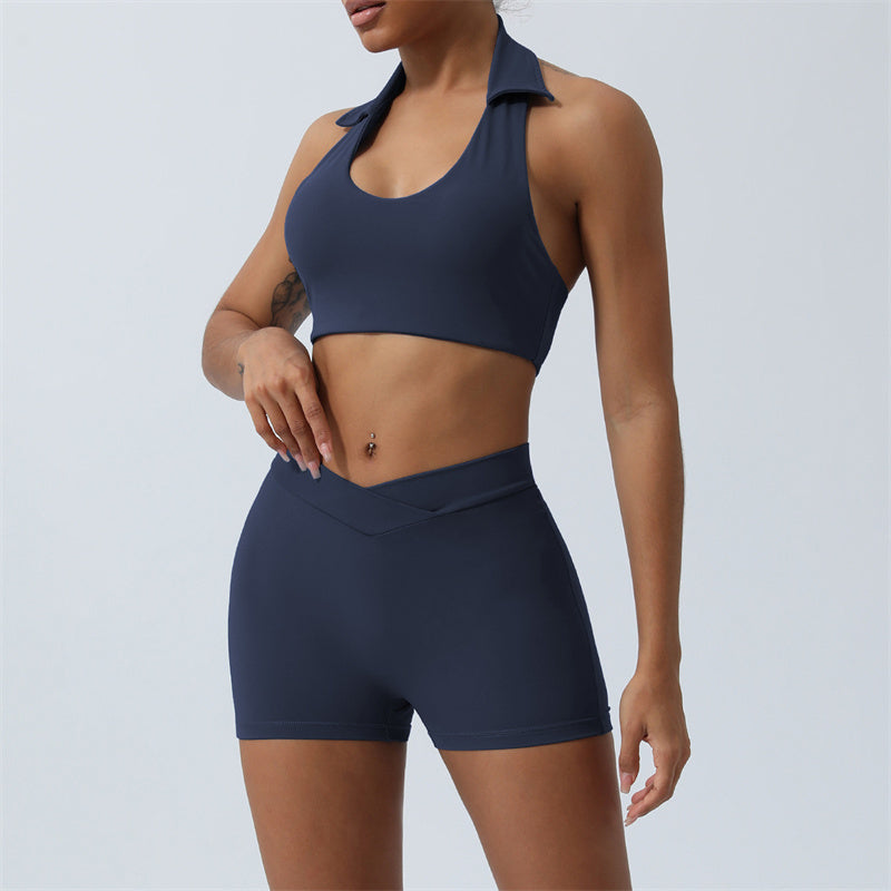 Ensemble de 2 pièces de yoga sans Buddha Stones avec haut dos nu et short évasé et pantalon de sport - Bleu marine - 2 pièces (haut et short) - US8-10，UK/AU12-14，EU40-42 (XL)  - image 14