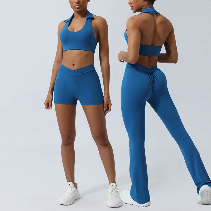 Ensemble de 2 pièces de yoga sans Buddha Stones avec haut dos nu et short évasé et pantalon de sport - image 0