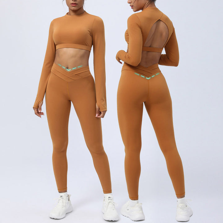 Ensemble de 2 pièces de Buddha Stones à manches longues, haut dos nu, soutien-gorge, leggings, pantalon, tenue de fitness et de yoga