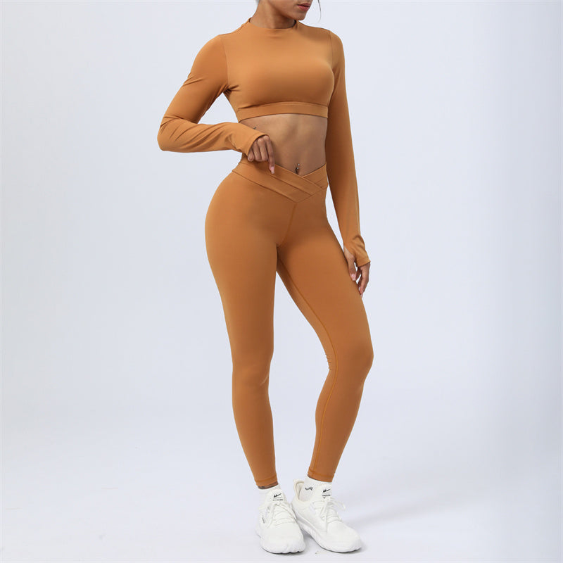 Ensemble de 2 pièces de Buddha Stones à manches longues, haut dos nu, soutien-gorge, leggings, pantalon, tenue de fitness et de yoga