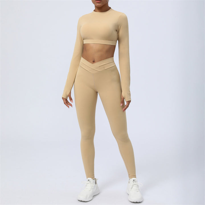 Ensemble de 2 pièces de Buddha Stones à manches longues, haut dos nu, soutien-gorge, leggings, pantalon, tenue de fitness et de yoga