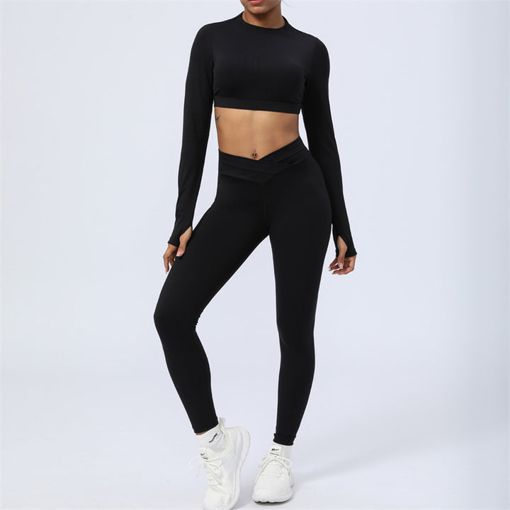 Ensemble de 2 pièces de Buddha Stones à manches longues, haut dos nu, soutien-gorge, leggings, pantalon, tenue de fitness et de yoga