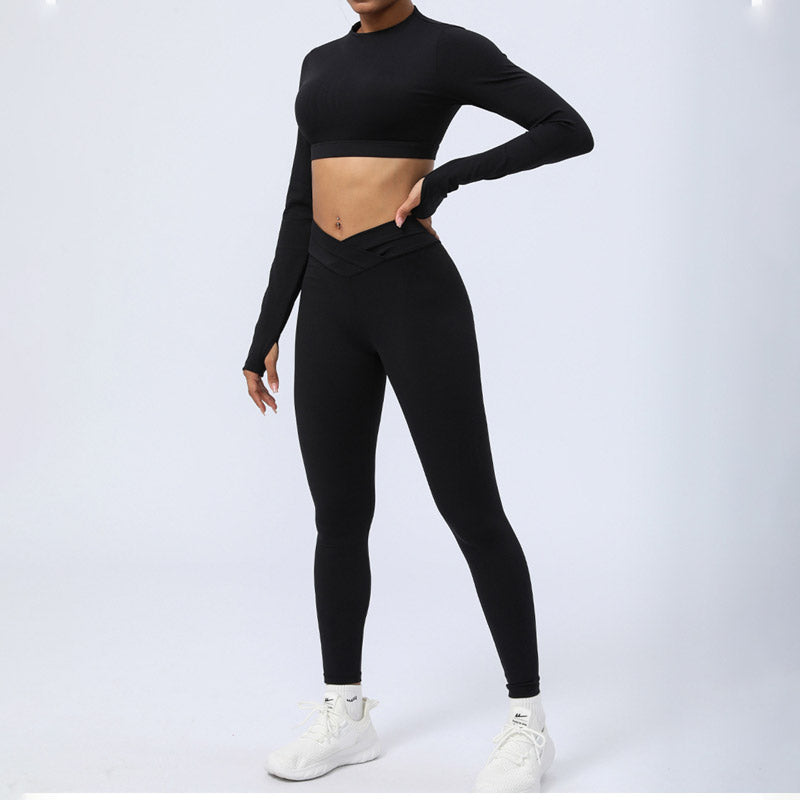 Ensemble de 2 pièces de Buddha Stones à manches longues, haut dos nu, soutien-gorge, leggings, pantalon, tenue de fitness et de yoga