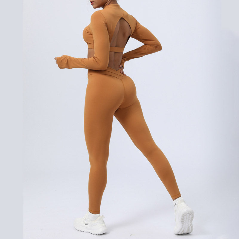 Ensemble de 2 pièces de Buddha Stones à manches longues, haut dos nu, soutien-gorge, leggings, pantalon, tenue de fitness et de yoga