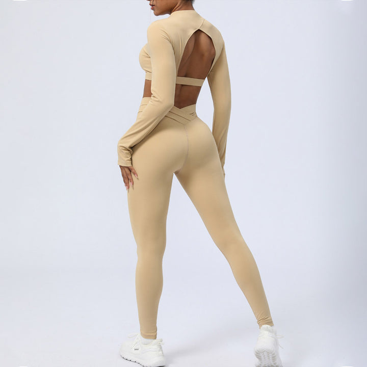 Ensemble de 2 pièces de Buddha Stones à manches longues, haut dos nu, soutien-gorge, leggings, pantalon, tenue de fitness et de yoga