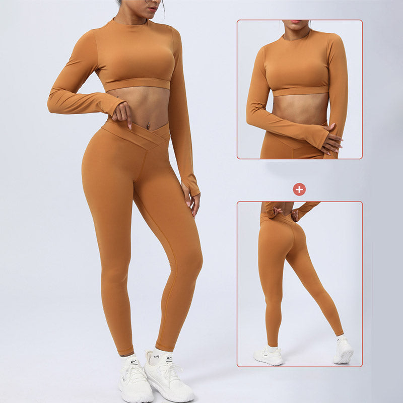 Ensemble de 2 pièces de Buddha Stones à manches longues, haut dos nu, soutien-gorge, leggings, pantalon, tenue de fitness et de yoga