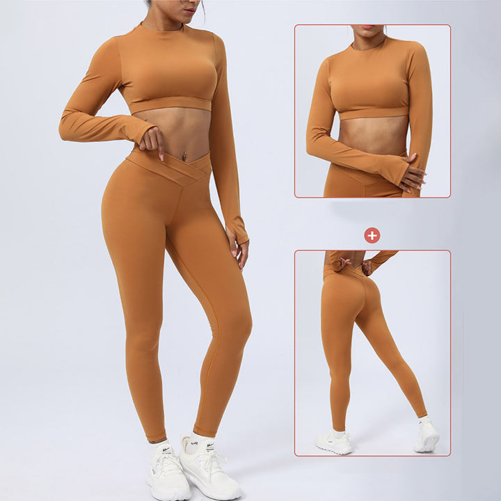 Ensemble de 2 pièces de Buddha Stones à manches longues, haut dos nu, soutien-gorge, leggings, pantalon, tenue de fitness et de yoga