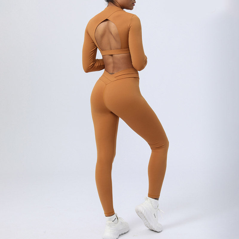 Ensemble de 2 pièces de Buddha Stones à manches longues, haut dos nu, soutien-gorge, leggings, pantalon, tenue de fitness et de yoga