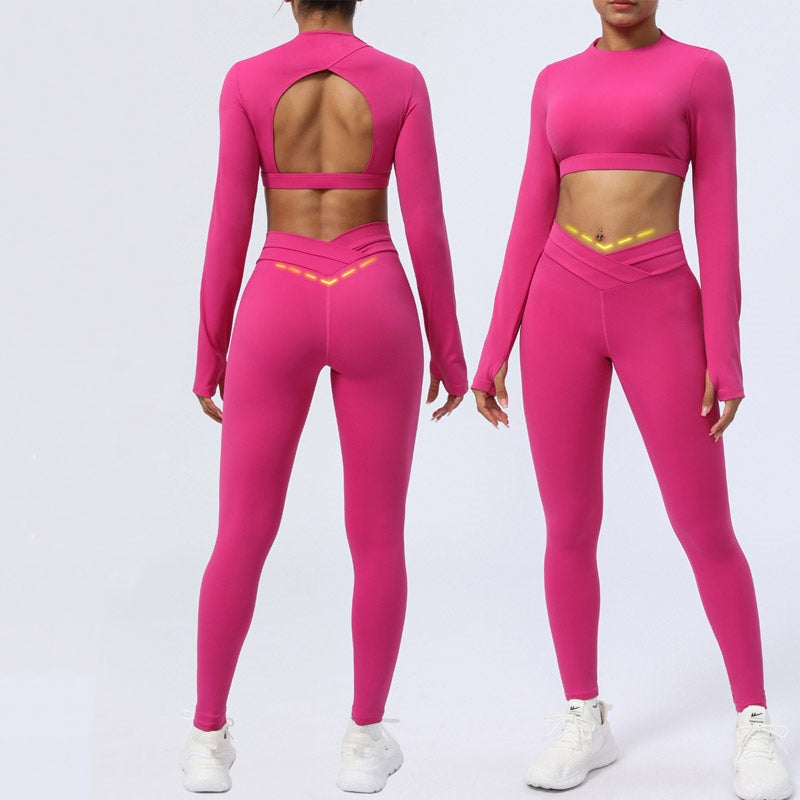Ensemble de 2 pièces de Buddha Stones à manches longues, haut dos nu, soutien-gorge, leggings, pantalon, tenue de fitness et de yoga