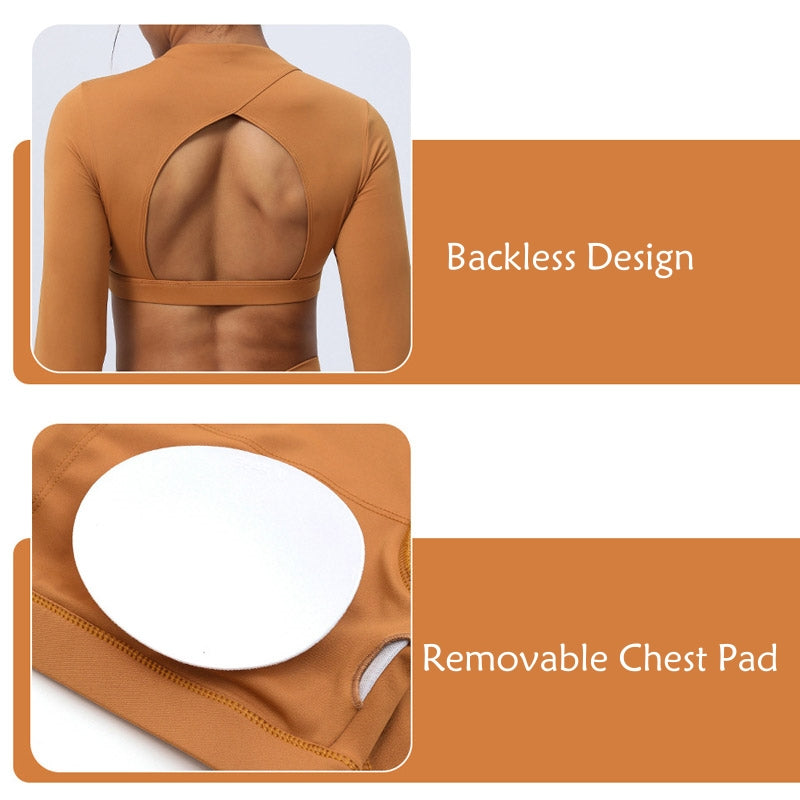 Ensemble de 2 pièces de Buddha Stones à manches longues, haut dos nu, soutien-gorge, leggings, pantalon, tenue de fitness et de yoga