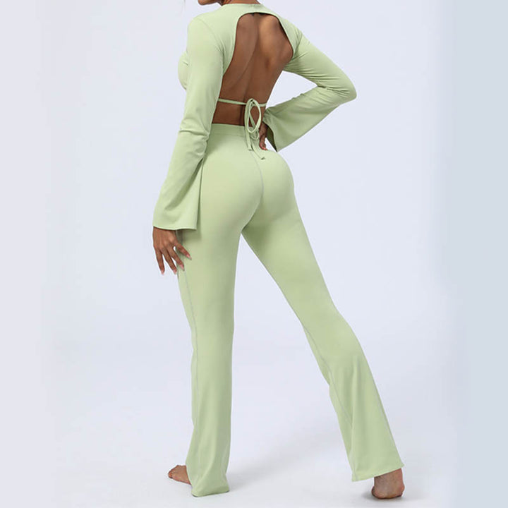 Buddha Stones Haut à manches longues et dos nu avec bretelles et soutien-gorge Pantalon évasé Tenue de fitness et de yoga - image 13