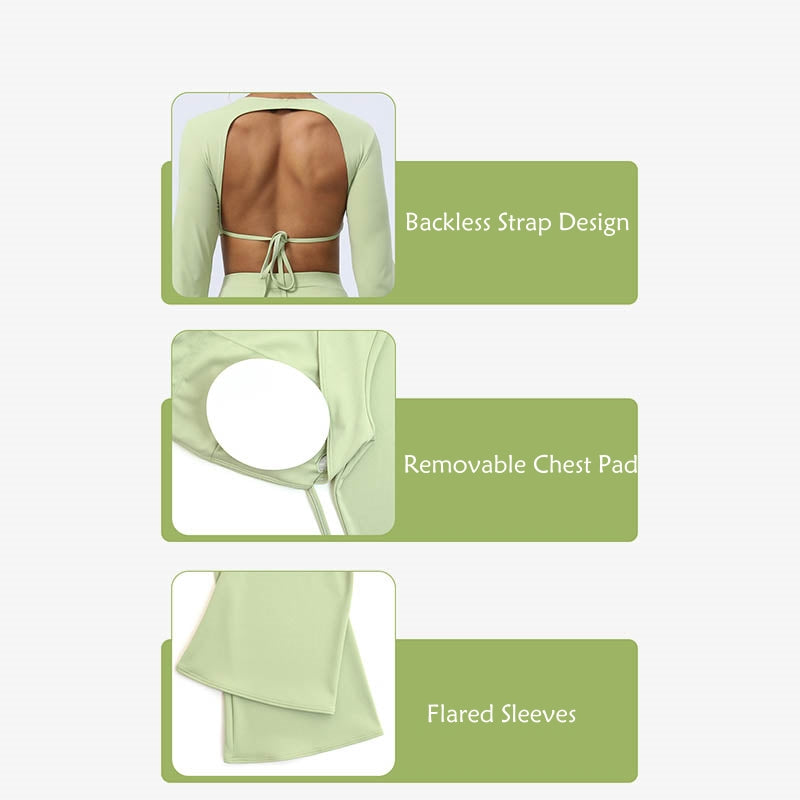 Buddha Stones Haut à manches longues et dos nu avec bretelles et soutien-gorge Pantalon évasé Tenue de fitness et de yoga - image 15