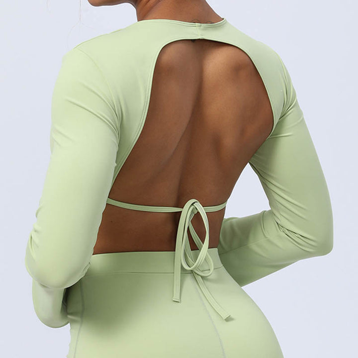 Buddha Stones Haut à manches longues et dos nu avec bretelles et soutien-gorge Pantalon évasé Tenue de fitness et de yoga - image 9