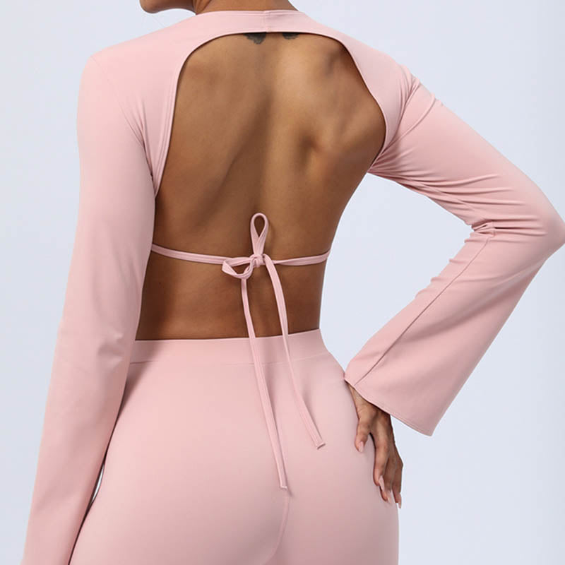 Buddha Stones Haut à manches longues et dos nu avec bretelles et soutien-gorge Pantalon évasé Tenue de fitness et de yoga - image 39