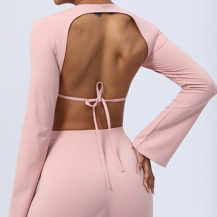 Buddha Stones Haut à manches longues et dos nu avec bretelles et soutien-gorge Pantalon évasé Tenue de fitness et de yoga - image 39