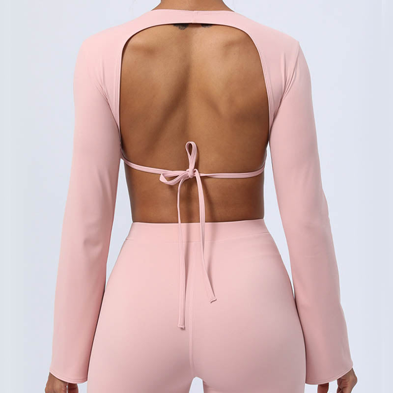 Buddha Stones Haut à manches longues et dos nu avec bretelles et soutien-gorge Pantalon évasé Tenue de fitness et de yoga - image 40