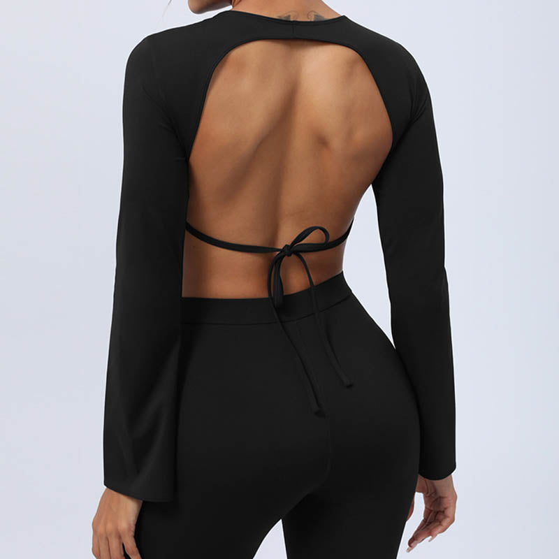 Buddha Stones Haut à manches longues et dos nu avec bretelles et soutien-gorge Pantalon évasé Tenue de fitness et de yoga - image 47