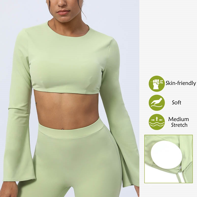 Buddha Stones Haut à manches longues et dos nu avec bretelles et soutien-gorge Pantalon évasé Tenue de fitness et de yoga - image 14