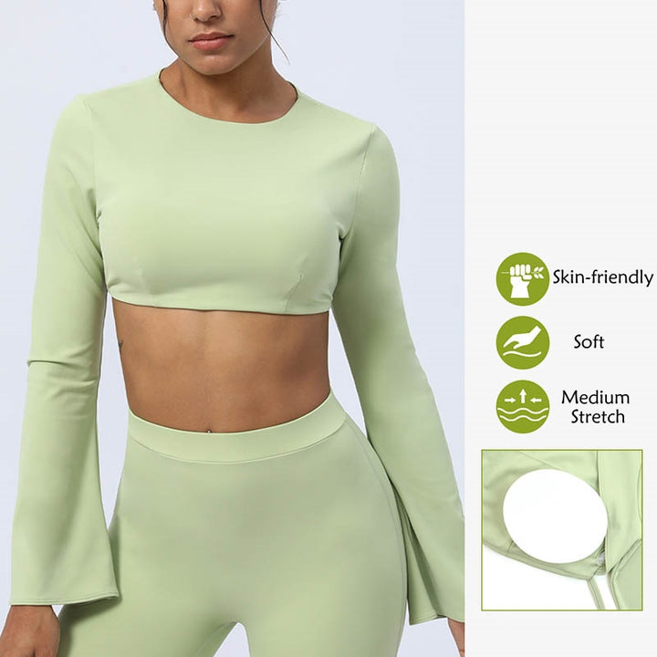 Buddha Stones Haut à manches longues et dos nu avec bretelles et soutien-gorge Pantalon évasé Tenue de fitness et de yoga - image 14