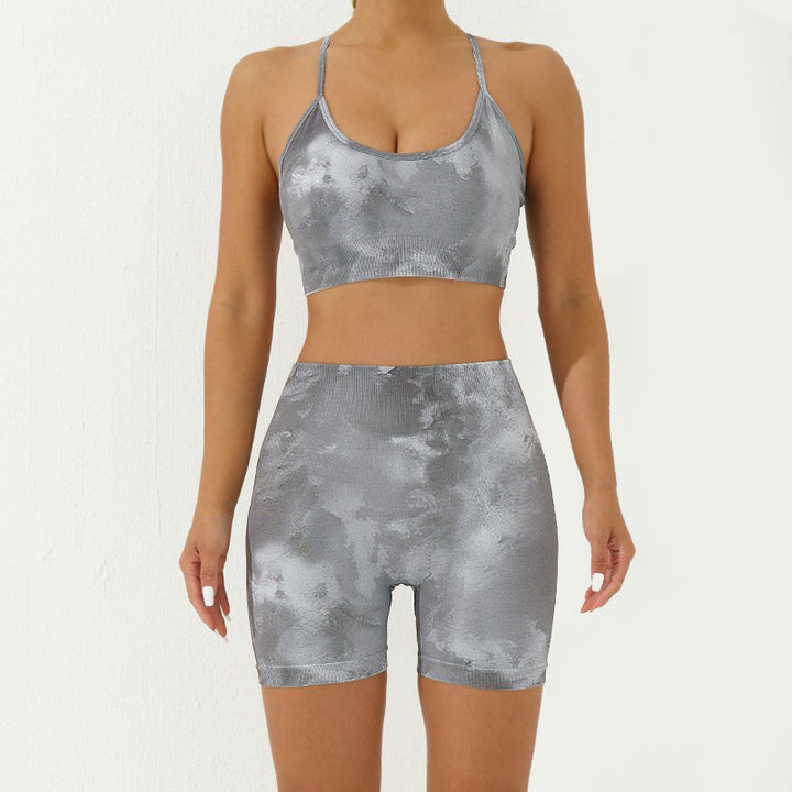 Ensemble de 2 pièces de Buddha Stones imprimé camouflage dos nu bretelles croisées haut soutien-gorge short leggings pantalon fitness yoga tenue - Gris - 2 pièces (haut et short) - US8-10，UK/AU12-14，EU40-42 (L) - image 22