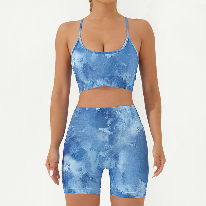 Ensemble de 2 pièces de Buddha Stones imprimé camouflage dos nu bretelles croisées haut soutien-gorge short leggings pantalon fitness yoga tenue - Bleu - Ensemble 2 pièces (haut et short) - US8-10，UK/AU12-14，EU40-42 (L) - image 17