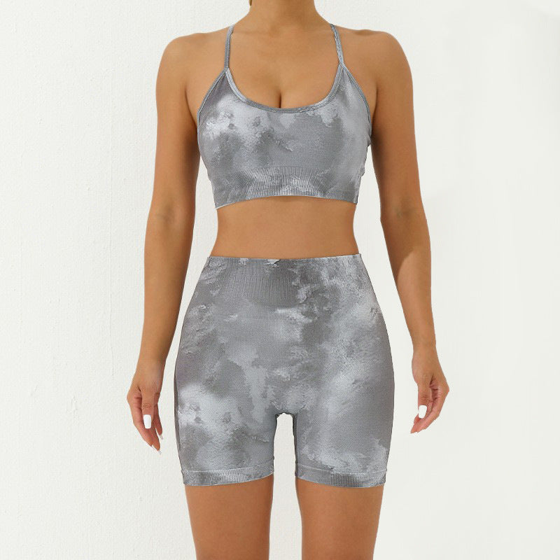 Ensemble de 2 pièces de Buddha Stones imprimé camouflage dos nu bretelles croisées haut soutien-gorge short leggings pantalon fitness yoga tenue - Gris - Ensemble 2 pièces (haut et short) - US8-10，UK/AU12-14，EU40-42 (L) - image 22