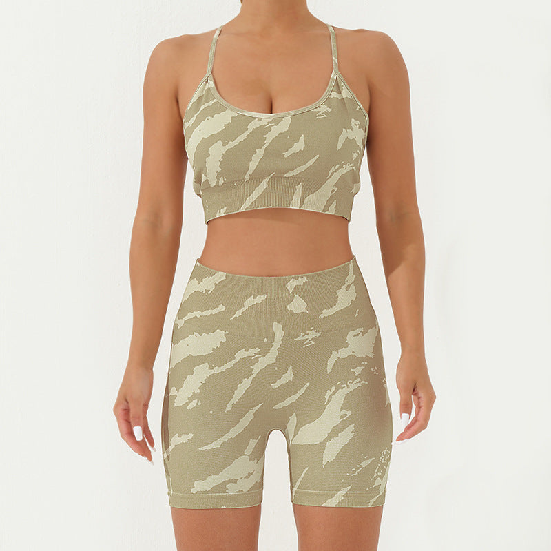 Ensemble de 2 pièces de Buddha Stones imprimé camouflage dos nu bretelles croisées haut soutien-gorge short leggings pantalon fitness yoga tenue - Jaune-vert - Ensemble 2 pièces (haut et short) - US8-10，UK/AU12-14，EU40-42 (L) - image 6
