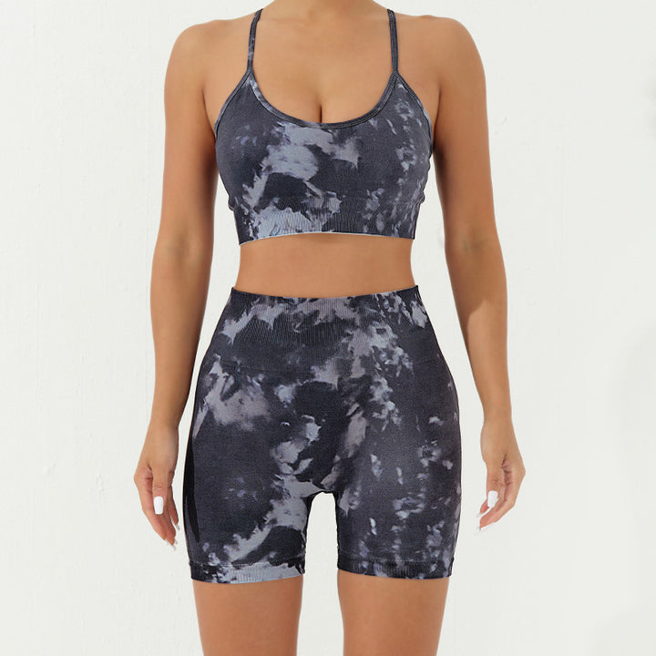 Ensemble de 2 pièces de Buddha Stones imprimé camouflage dos nu bretelles croisées haut soutien-gorge short leggings pantalon fitness yoga tenue - Noir Gris - 2 pièces (haut et short) - US8-10，UK/AU12-14，EU40-42 (L) - image 10