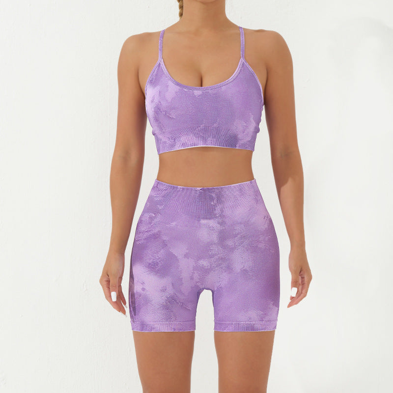 Ensemble de 2 pièces de Buddha Stones imprimé camouflage dos nu bretelles croisées haut soutien-gorge short leggings pantalon fitness yoga tenue - Violet - 2 pièces (haut et short) - US8-10，UK/AU12-14，EU40-42 (L) - image 24