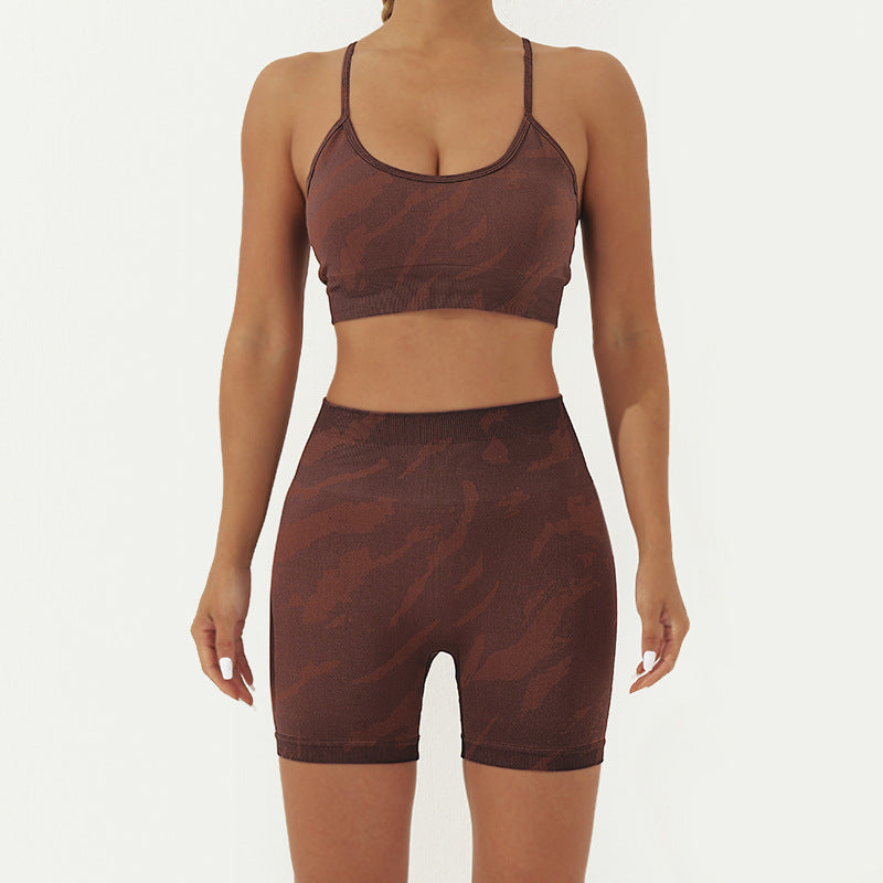 Ensemble de 2 pièces de Buddha Stones imprimé camouflage dos nu bretelles croisées haut soutien-gorge short leggings pantalon fitness yoga tenue - Brun - 2 pièces (haut et short) - US8-10，UK/AU12-14，EU40-42 (L) - image 8