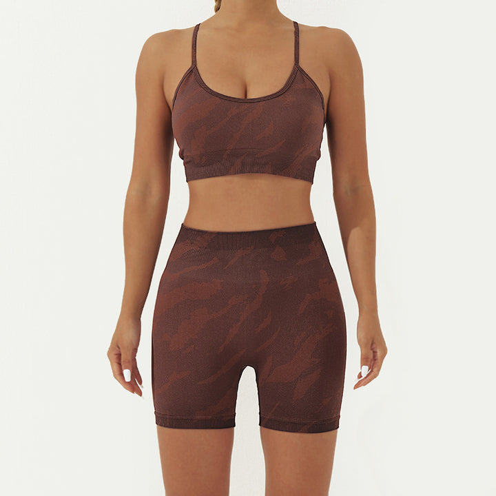 Ensemble de 2 pièces de Buddha Stones imprimé camouflage dos nu bretelles croisées haut soutien-gorge short leggings pantalon fitness yoga tenue - Brun - 2 pièces (haut et short) - US8-10，UK/AU12-14，EU40-42 (L) - image 8