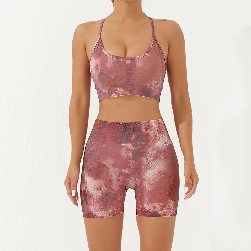 Ensemble de 2 pièces de Buddha Stones imprimé camouflage dos nu bretelles croisées haut soutien-gorge short leggings pantalon fitness yoga tenue - Bourgogne - Ensemble 2 pièces (haut et short) - US8-10，UK/AU12-14，EU40-42 (L) - image 12